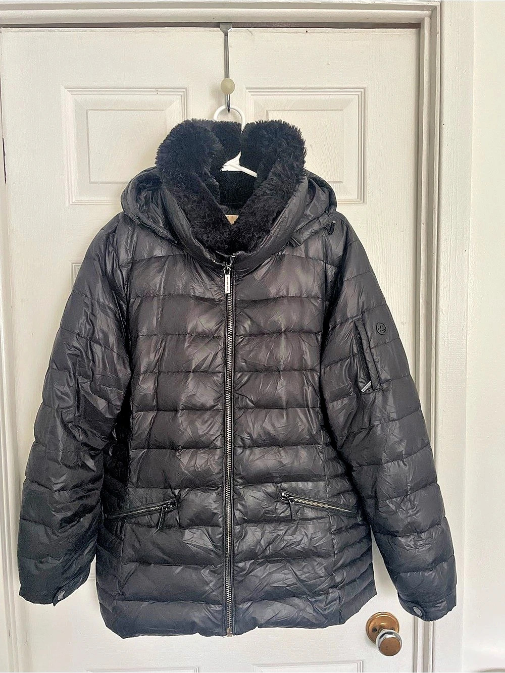 Michael Kors Faux Fur Trim Down Puffer Jacket Women's Black | SZ XL
